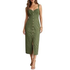 Anthropologie Maeve Midi Dress 14 Olive Green Button Front Sweetheart Sleeveless